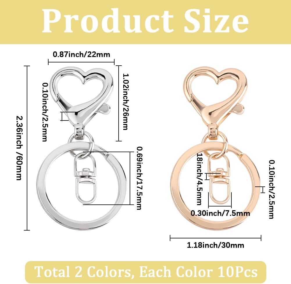 1 Box 20Pcs 2 Colors Lobster Clip Key Ring Swivel Snap Hook Clasp Metal Silver Gold Heart Shaped Alloy Extension Chains Trigger Clips Kits Accessories for Car Keys Lanyard Tag Purse DIY Craft - Image 2