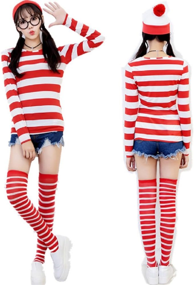 Mocona Women Where's Waldo Costume Funny Sweatshirt Outfit Glasses Suits