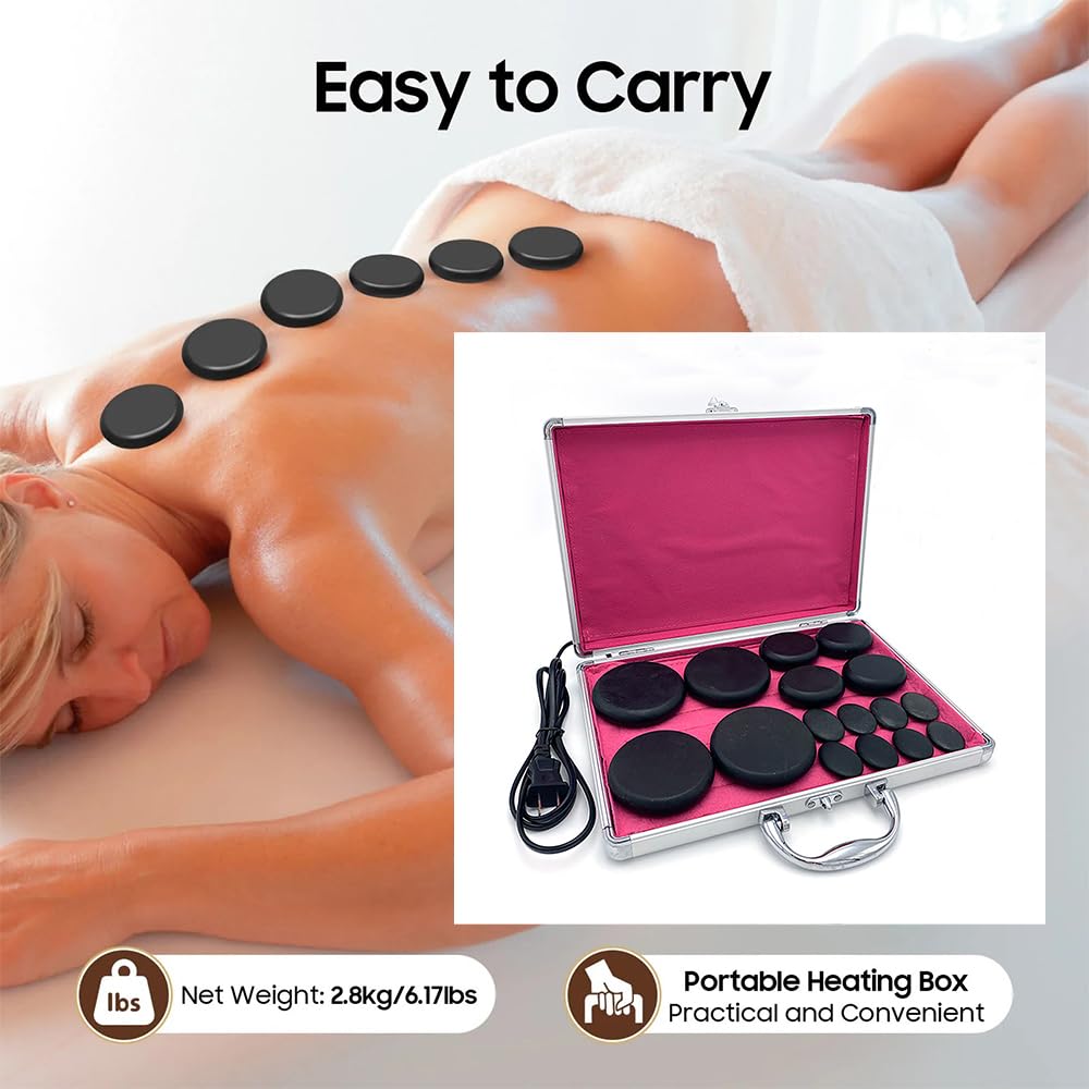 NEWFUN Hot Stone zestaw do masażu, 16 sztuk gorących kamieni do masażu z bazaltu, przenośne kamienie do masażu z ogrzewaniem, nadają się do użytku domowego, idealne do spa, terapii masażu, relaksu