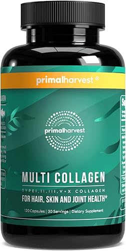 Primal Harvest Píldoras de colágeno múltiple para mujeres y hombres (tipo I, II, III, V, X) 120 cápsulas con vitamina C para el cabello, la piel y