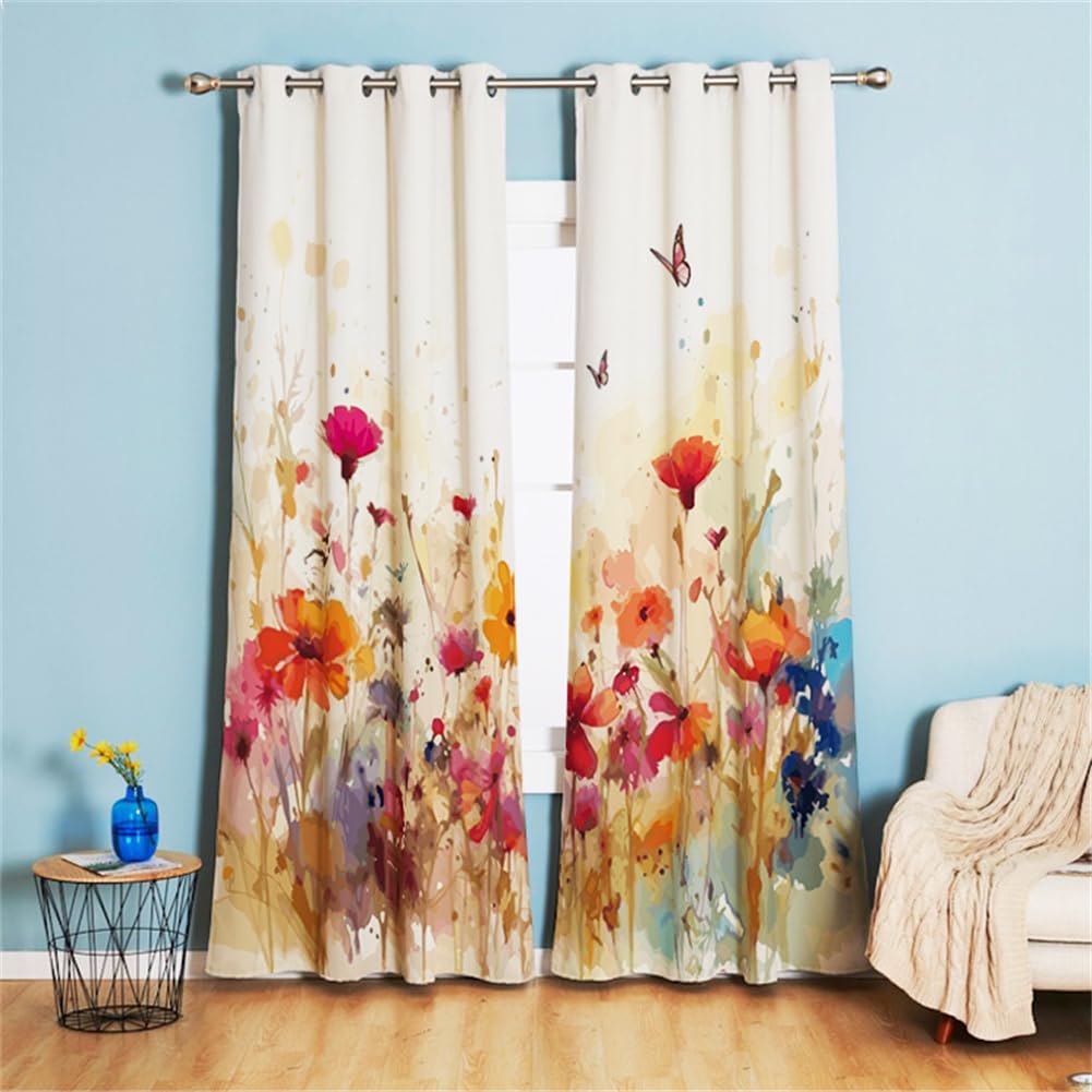ZBOOM Blumen Vorhänge, Bunt Aquarell Blume mit Ösen Gardinen mit Blickdichte Thermo Vorhang Kälteschutz Blackout Curtain Mädchenzimmer Verdunkelung Fenster, 2 Stück, H 210 x B 132 cm