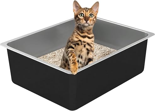 Stainless Steel Cat Litter Box - Metal Medium to Large High Sided Litter Pan Tray, Easy to Clean No Stick No Smell Litter Box Toilet for Indoor Kitty, Kitten (Black, 17.7 x13.8 x6)
