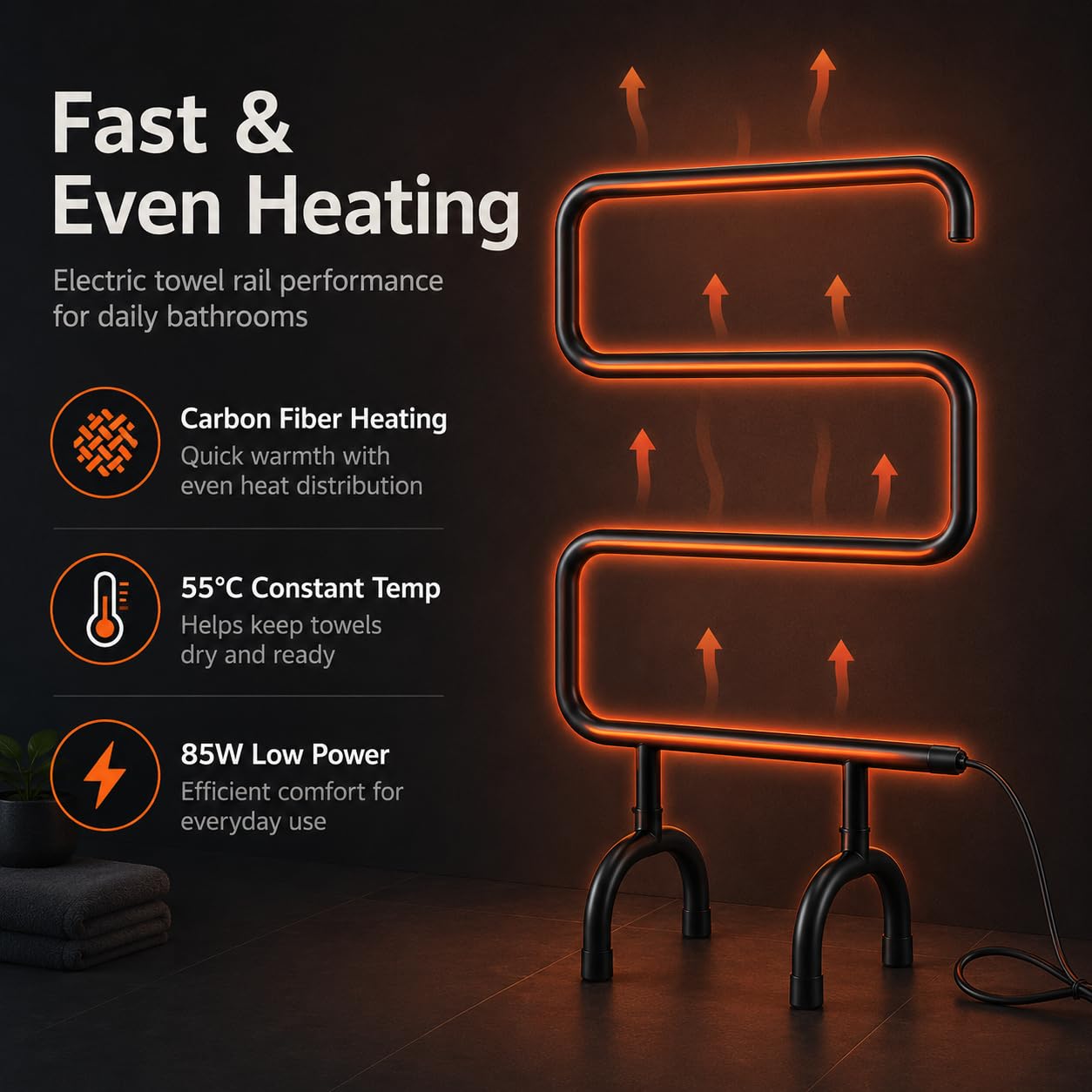 Toallero con calefacción, toallero eléctrico Independiente para baño, Acero Inoxidable, Temperatura Constante de 55 ℃ Black