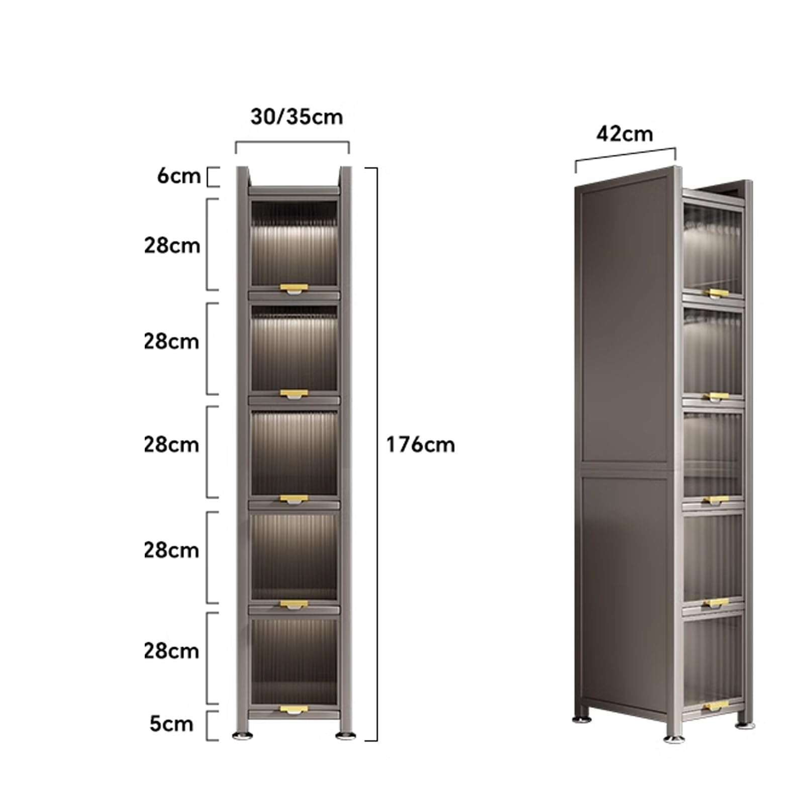 Armoire de Rangement Cuisine Haut 176cm Meuble de Rangement Cuisine Largeur 30 cm 6 Niveaux Étagère de Boulanger de Cuisine avec Porte Rabattable(30cm)
