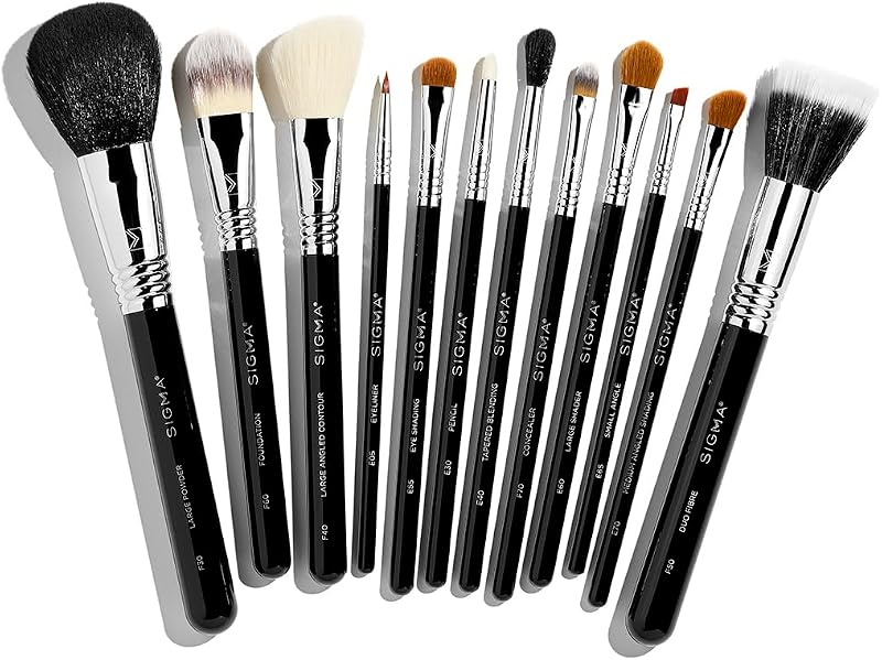Juego de brochas esenciales - Kit de brochas de maquillaje para rostro y ojos de 12 piezas | Fibras sintéticas SigmaTech con mangos impermeables para aplicación de líquidos, cremas y polvos, además de férulas duraderas SigmaAlloy