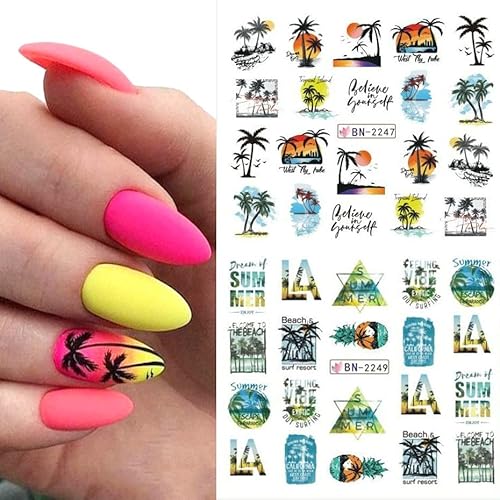 Summer Nail Art Stickers Water Transfer Summer Nail Decals For Nails Art Supplies Coconut Tree Ocean Beach Tropical Style Design Acrylic Nail Stickers For Women Diy Nail Art Accessories 12 Sheets #TOP5