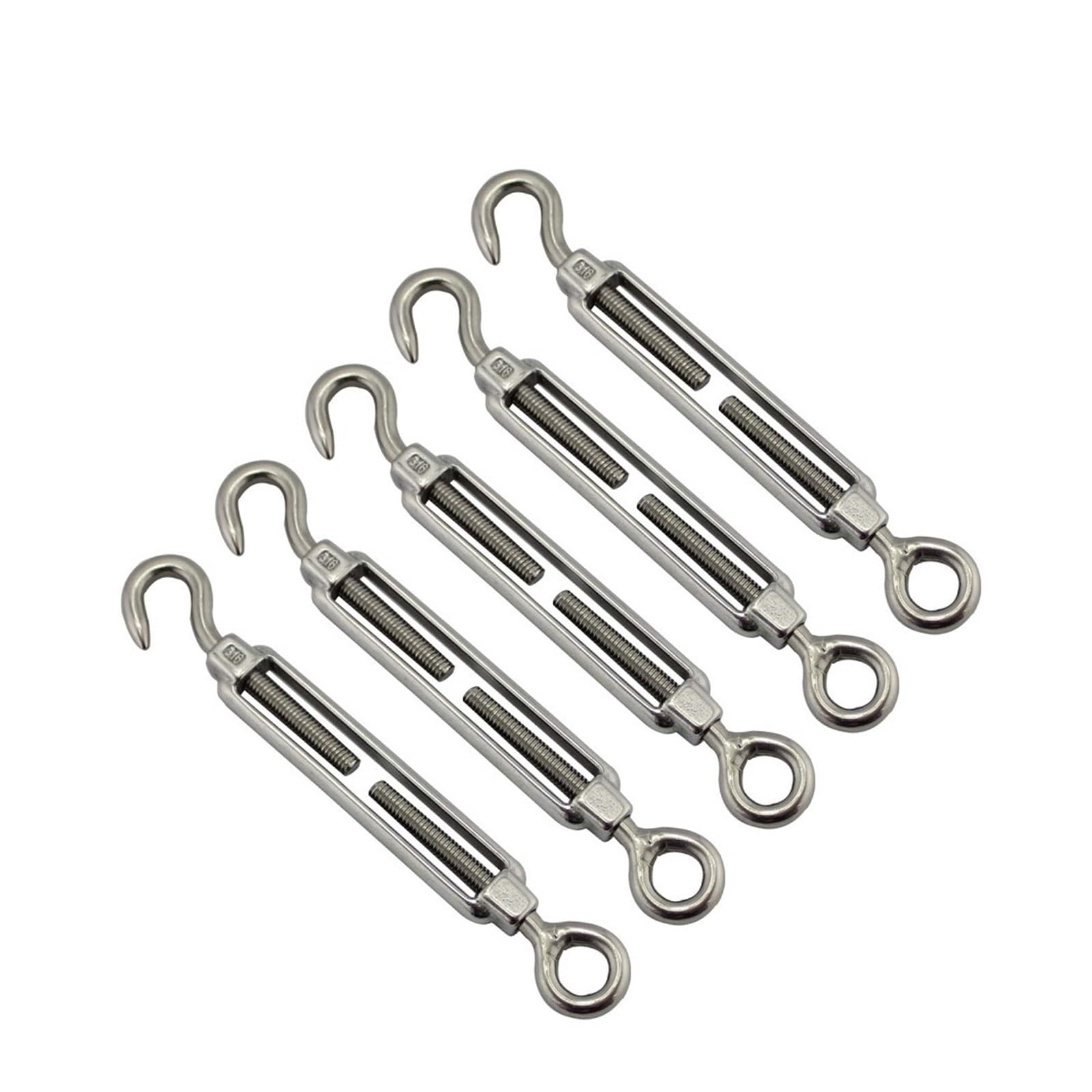 PULaif Turnbuckle Wire Tensioner, 304 SS Hook Eye Turnbuckle Wire Rope Tension Polished Hdwe 5 Pack M4-M10 Sun Shade Sail(M8)