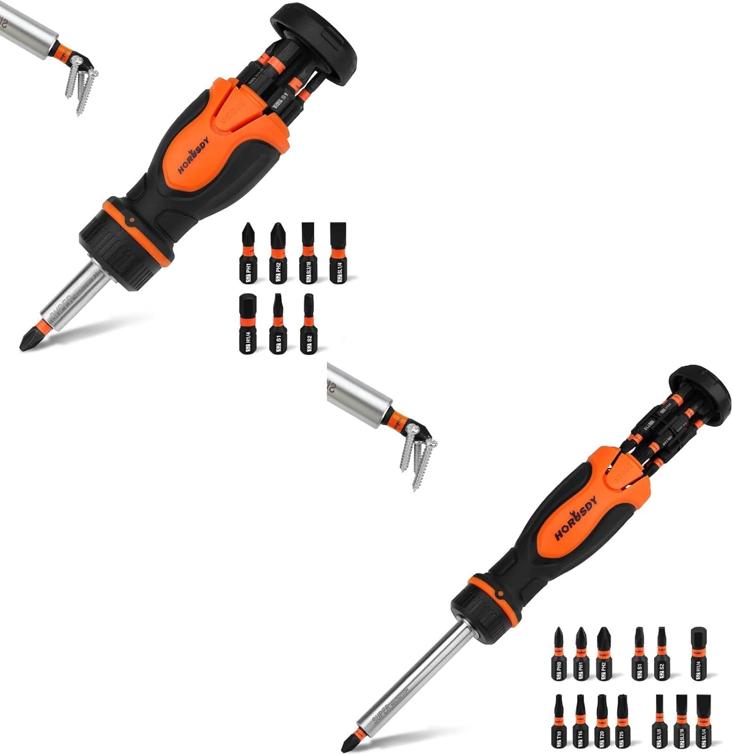 HORUSDY 8-in-1 Magnetic Portable Screwdriver Bit Set & 14-in-1 Magnetic Ratcheting Screwdriver Bit Set