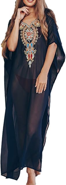Bsubseach Women Plaid Short Sleeve Swimsuit Cover Up Sexy Deep V Neck Side Slit Beach Long Dress