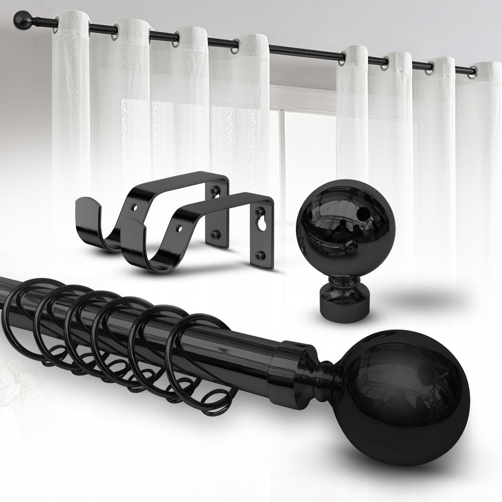 Imperial Rooms Plain Metal Ball Curtain Poles Metal Extendable - Includes Curtain Rod, 60mm Size Finials, Rings, Brackets & Fittings Set (Matte Black, 70-120 Cm, 28 Inches to 48 Inches) โ image 1