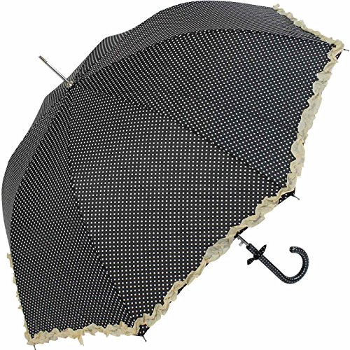 Preisvergleich Produktbild Großer Stockschirm mit Rüsche und Automatik - Dots Punkte schwarz-weiß