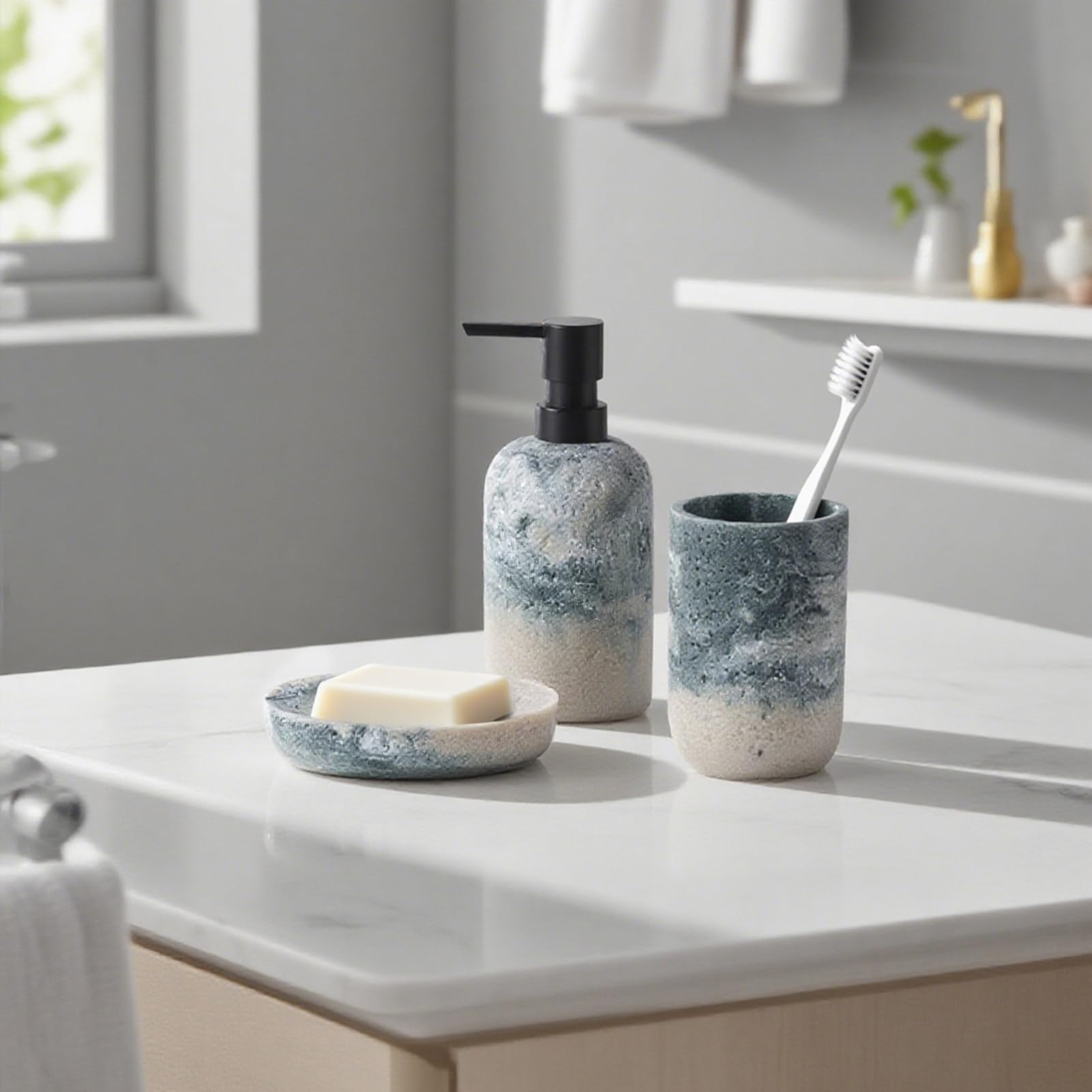 Badezimmer Set, 3 Teile Bad Set aus Seifenspender, Seifenschale u. Zahnbürstenhalter, Harz-Badezimmer-Sets 3 Stück (Grau-Grün)