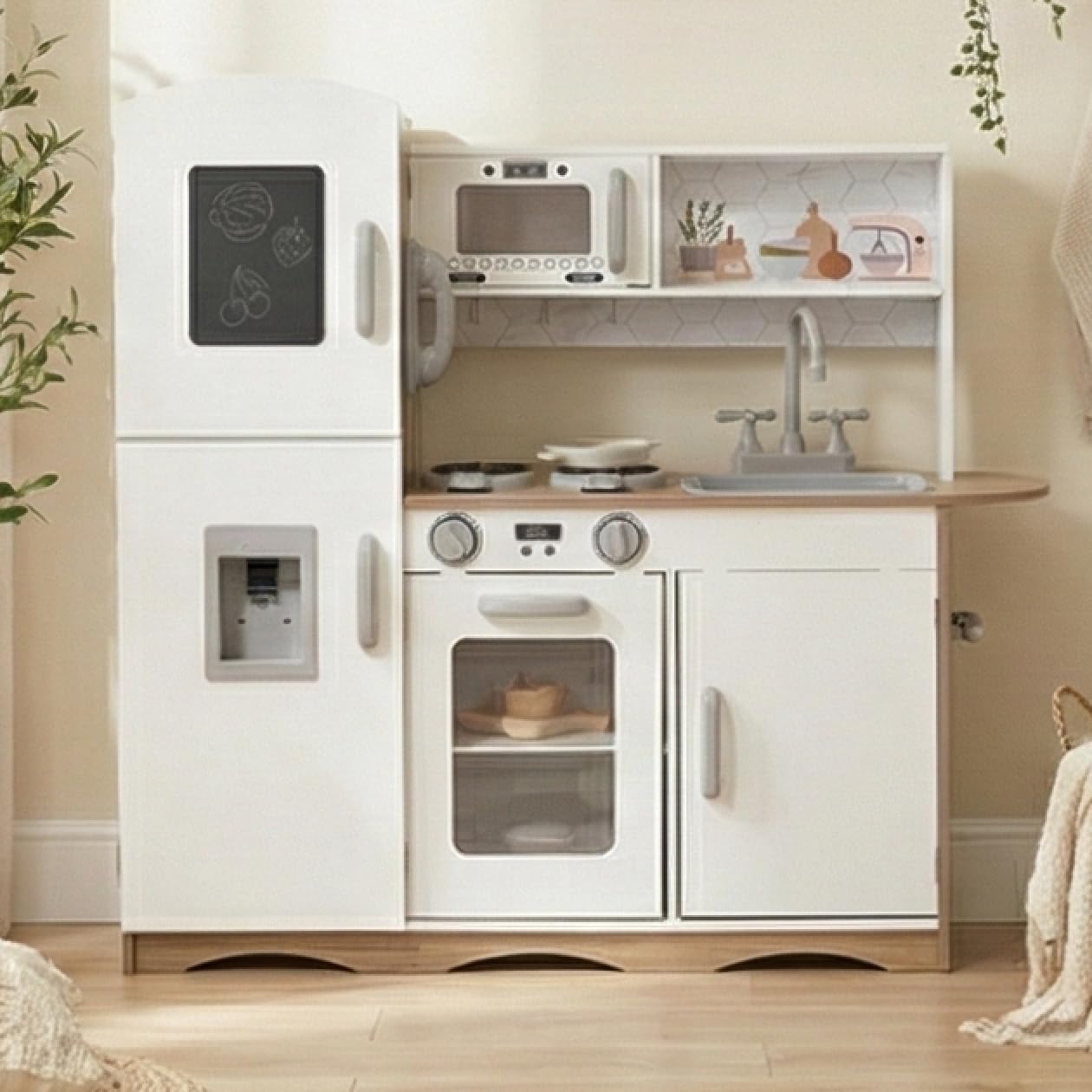 KIDOZ Play Kitchen for Kids Children Role Play Wooden Toy Kitchen Pretend Play Toys - White/Natural (Kitchen Only)