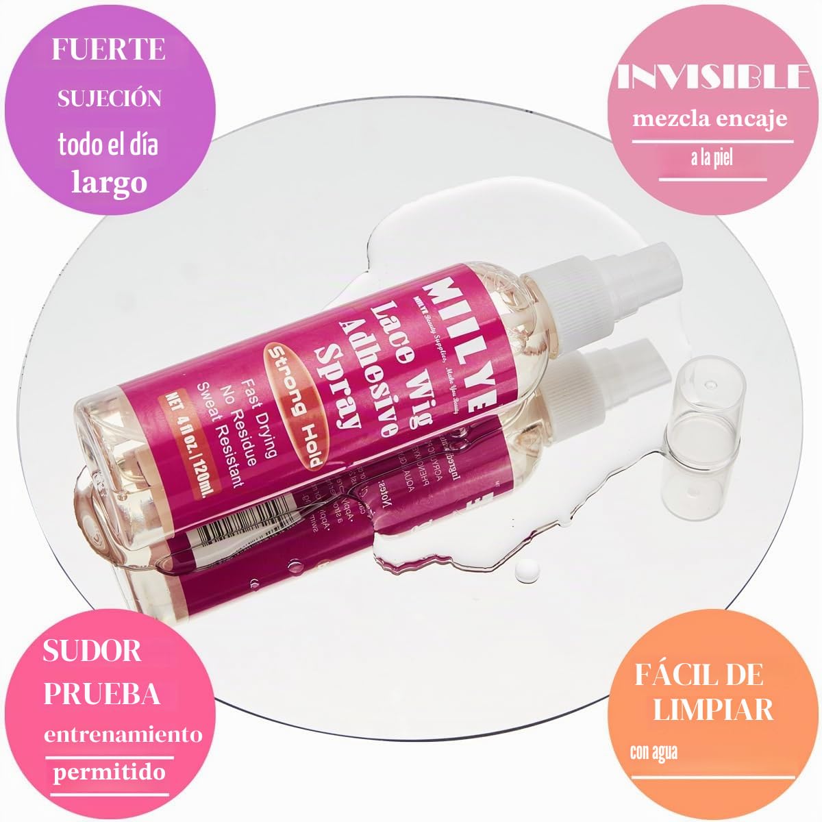 MIILYE Kit de instalación de pelucas, 120 ml, spray adhesivo para pelucas de encaje frontal, pegamento blanco, fijación fuerte, sin costuras, invisible