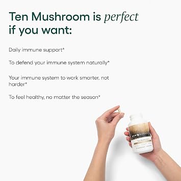 EcoNugenics Ten Mushroom Supplement: Daily Immune Support, 120 Capsules Lions Mane, Reishi, Cordyceps, Turkey Tail Energy, Gut Health, Liver, Kidney, Cholesterol & Nootropic Brain Support