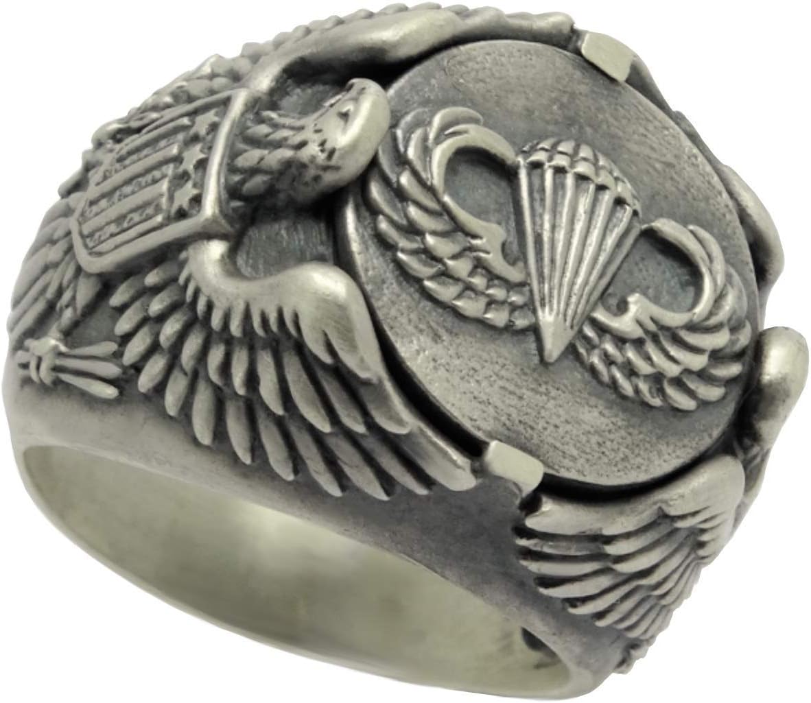 Airborne Parachutist Jump Wing American Eagle Biker Sterling Silver Mens Ring U.S. Army