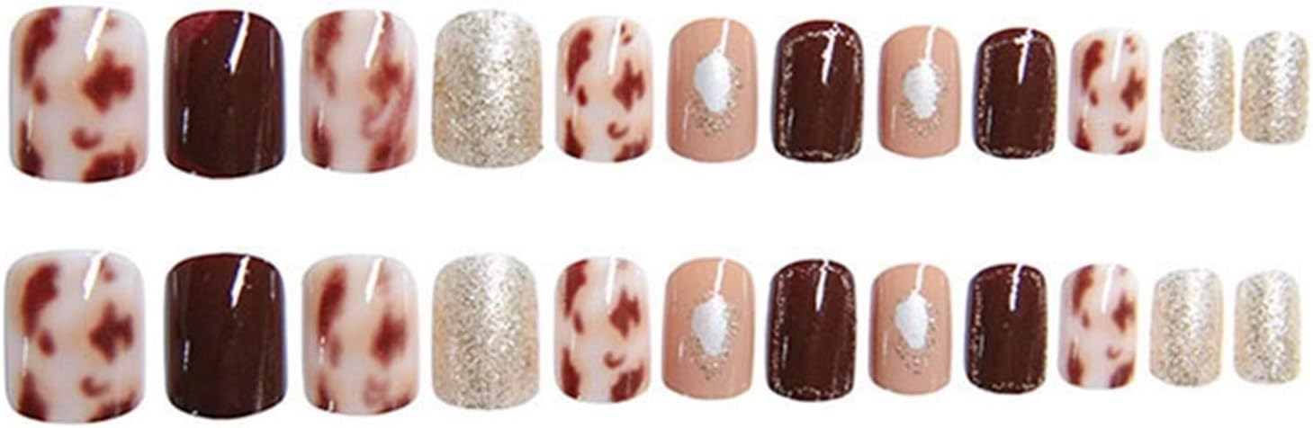 DANSHILONG Nail-Design 24pcs Fake Short Nails with Glue Cute Patch Wearing Fake Nail Clips Autumn Winter Leopard Print Nail Patch Full Cover Acrylic : Beauty & Personal Care
