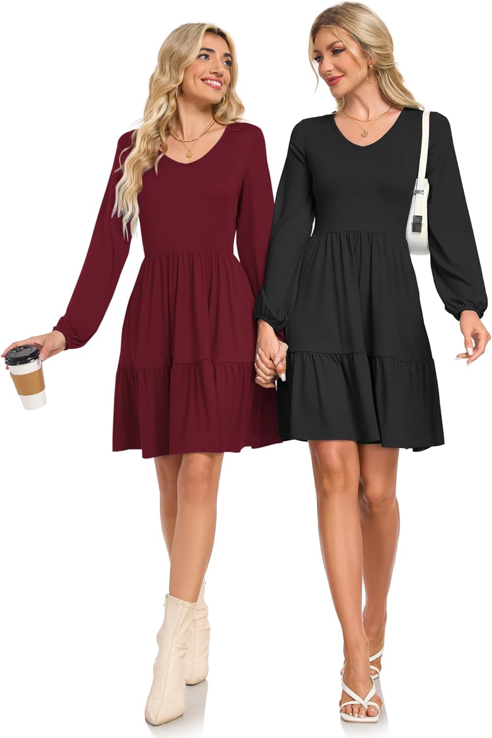 AUSELILY Womens Long Sleeve Dress 2025 Fall Casual V Neck Tiered Swing Flowy A-line Mini Short Dresses with Pockets - Image 6
