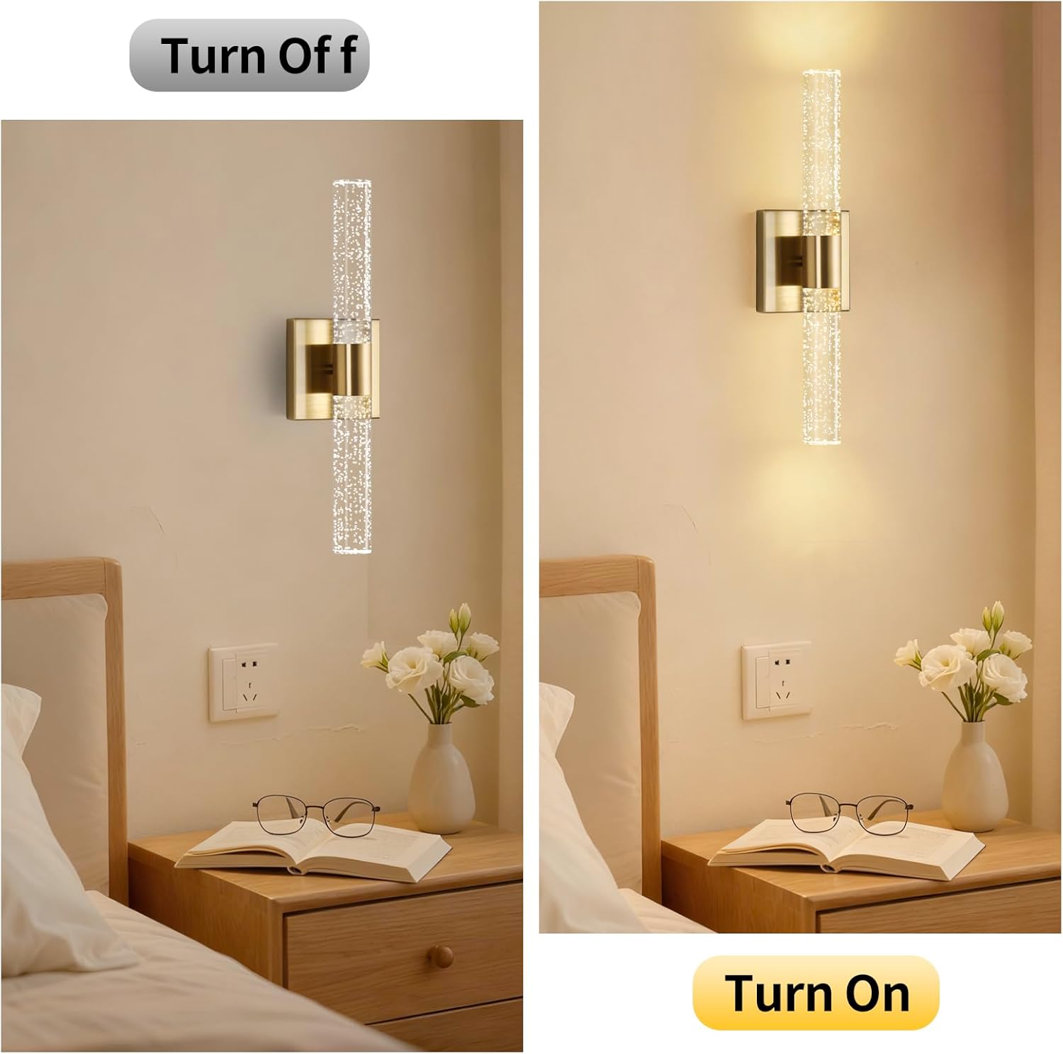 18 Inch Bathroom Sconces Set of 2, 3 Color Temperature Bubble Crystal Led Wall Sconce Indoor Wall Mount Vanity Light Bar Brass Hardwired Wall Sconce for Bedroom Living Room, 12W