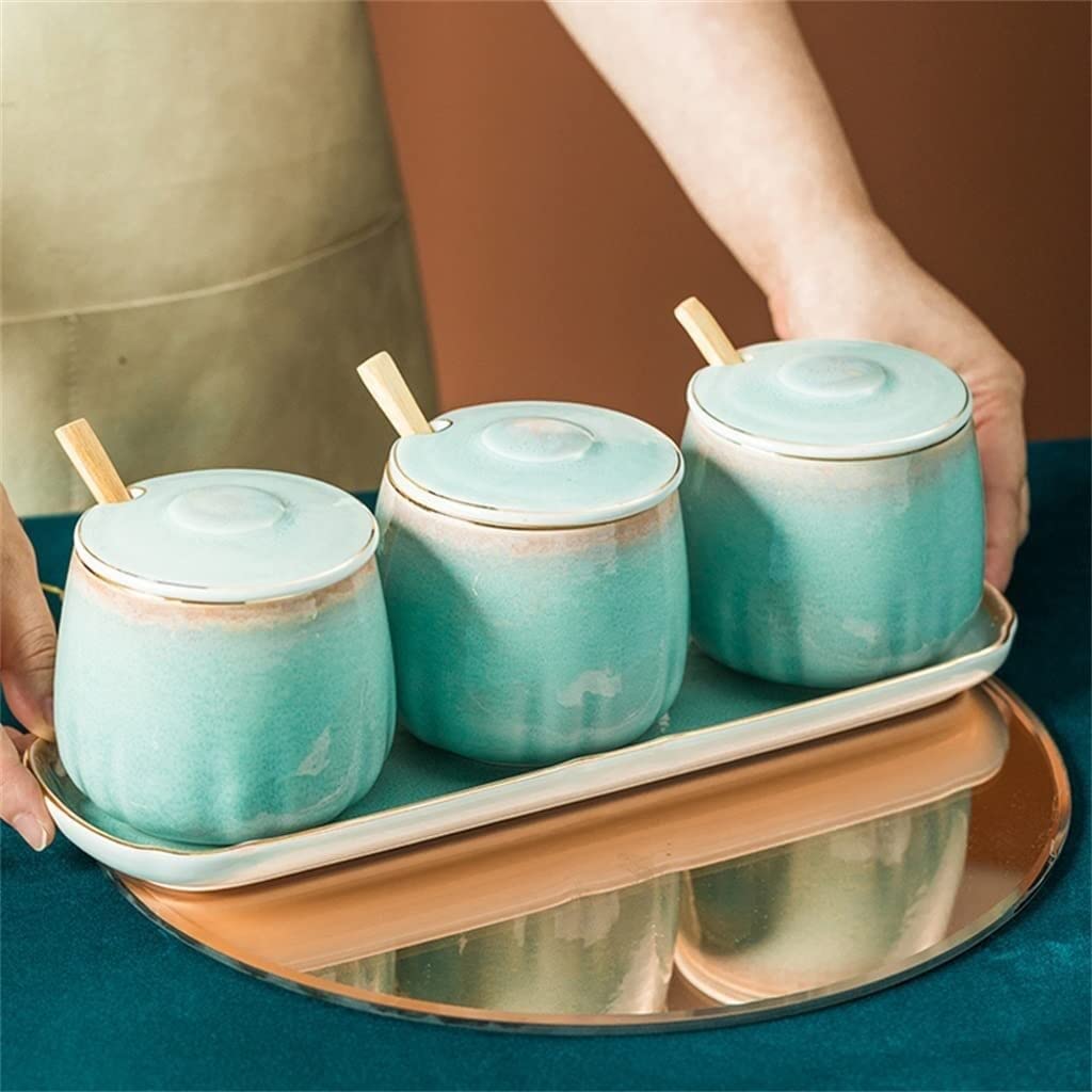 TBLOTYD Creative Japanese seasoning pot kiln change ceramic seasoning pot three-piece set household seasoning box kitchen storage bottle can group salt shaker sugar bow