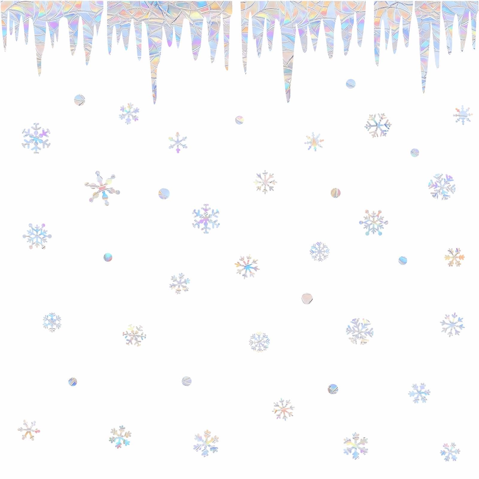 Icicle Snowflake Window Cling Christmas Snow Window Decals Winter Snow Window Clings Xmas Snowflake Anti Collision Vinyl Window Stickers to Save Birds Suncatcher Rainbow Stickers