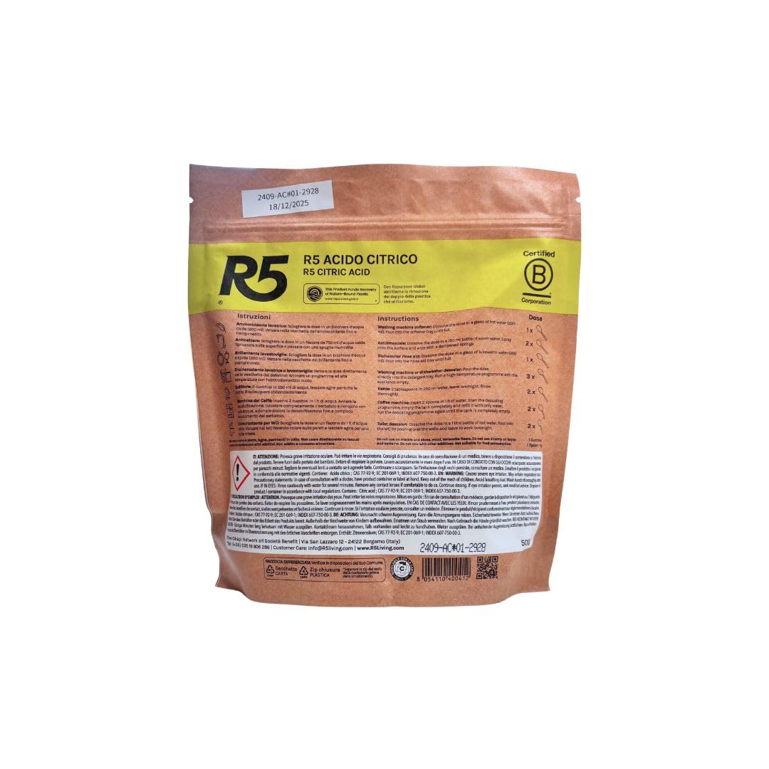 R5, Acido Citrico in Polvere, 1Kg, Anticalcare Multiuso, Disincrostante, Brillantante e Ammorbidente, Inodore