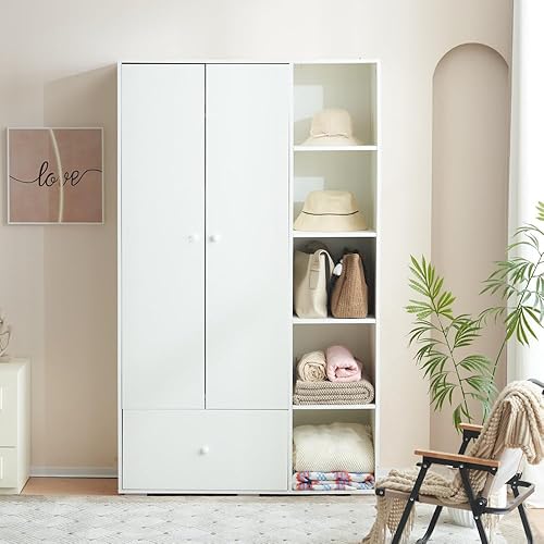 Miniatura 7 de hf-Choous Armario de dormitorio, armario de armario, cajones y estantes, barra para colgar, color blanco