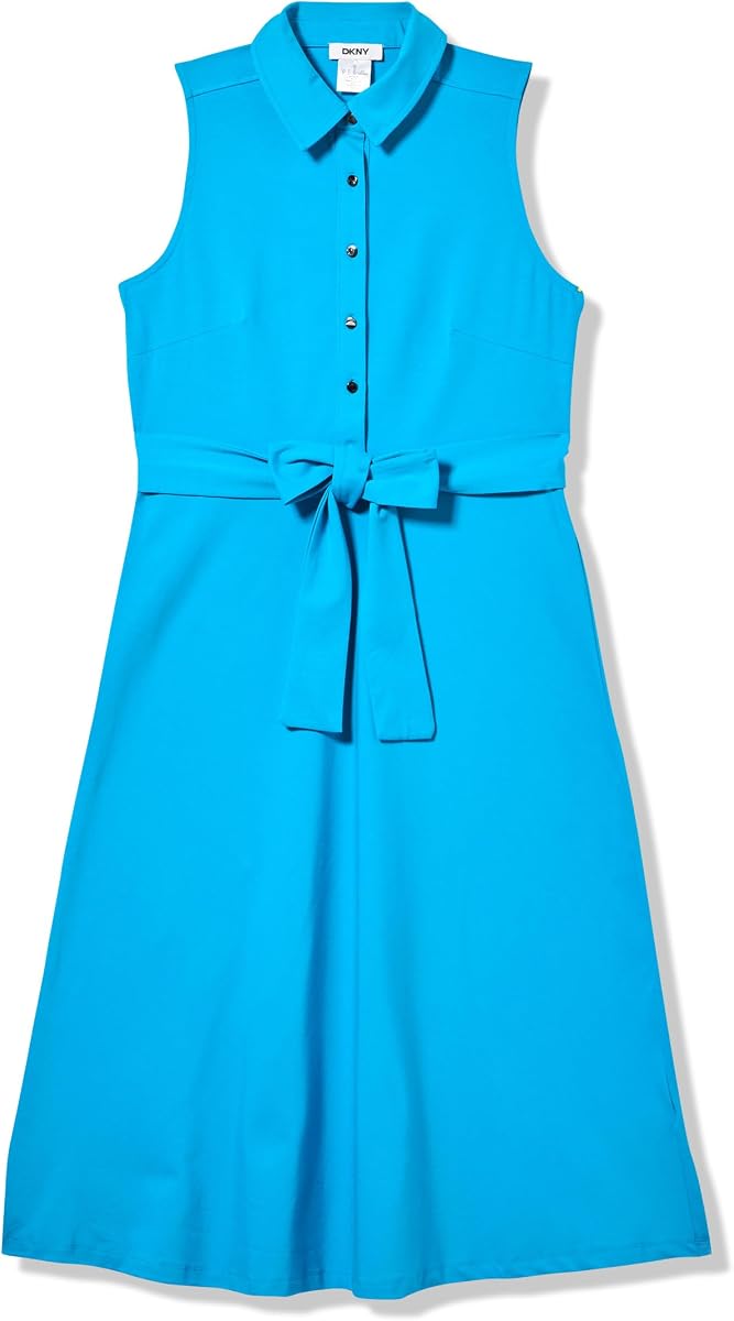 Women's Sleeveless Collared Neck Belted Midi Dress