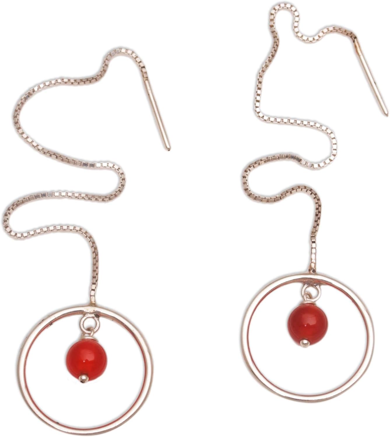 NOVICA Artisan Handmade Carnelian Threader Earrings Sterling Silver Form Bali Indonesia Birthstone [earrings 0.2 in H x 0.8 in Diam. 4.7 in L] ' Soulful Rings'