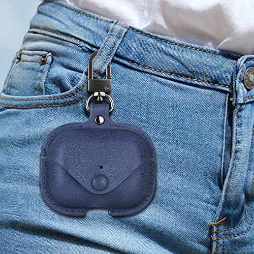 Image of Genuine Leather Case Compatible with AirPods Pro 3rd Gen (2025), VOMA Protective Cover for Apple AirPods Pro 3 Wireless Charging Case with Keychain and Snap Lock Navy Blue