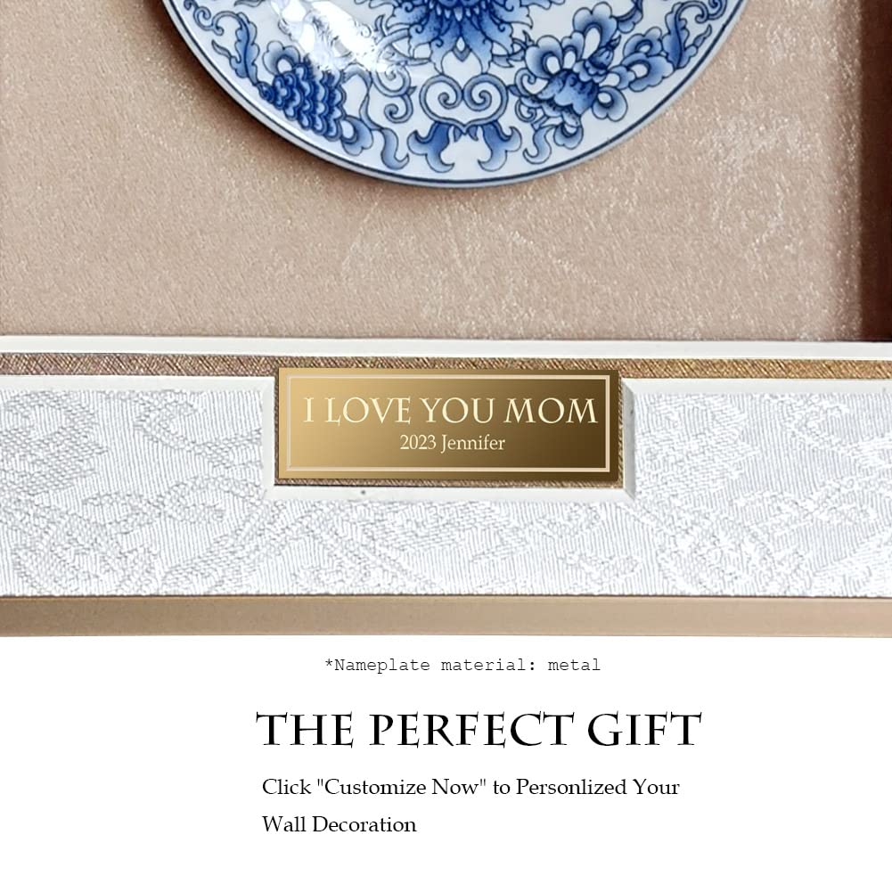 Personalized Oriental Blue and White Porcelain Plate Framed Home Decor, Housewarming Gift for New House,9x9 inch Handmade Decoration for Beddroom Living Room Bookshelf