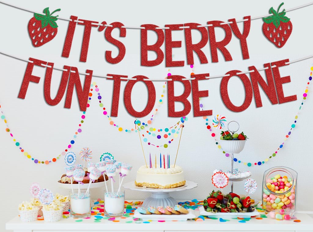 Berry First Birthday Banner - It's Berry Fun To Be One Strawberry Themed Decorations For 1st Birthday Party
