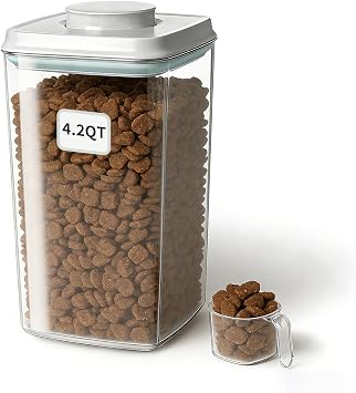 Dog Food Storage Container with One-Touch Lid, 4.22 QT / 4.0 L BPA-Free Cat Food Storage Container,Stackable Durable PET with 130ml Scoop, for Kibble, Treats, and Precise Feeding