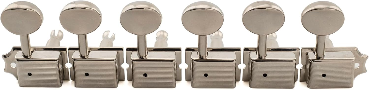 Musiclily Pro R18T 6-in-line 18:1 Ratio Semi Closed Vintage Machine Heads Tuners with Vintage Oval Button Split Shaft for Fender Squier Strat Tele Style Electric Guitar, Nickel