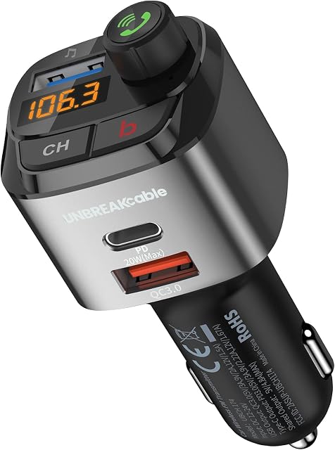 UNBREAKcable Bluetooth FM Transmitter, Wireless Bluetooth 5.0 Car Radio Adapter, Hands-Free Calling Car Charger with 3 USB Ports (PD 20W & QC 3.0 Fast Charging Port), BASS Music Player FM Transmitter