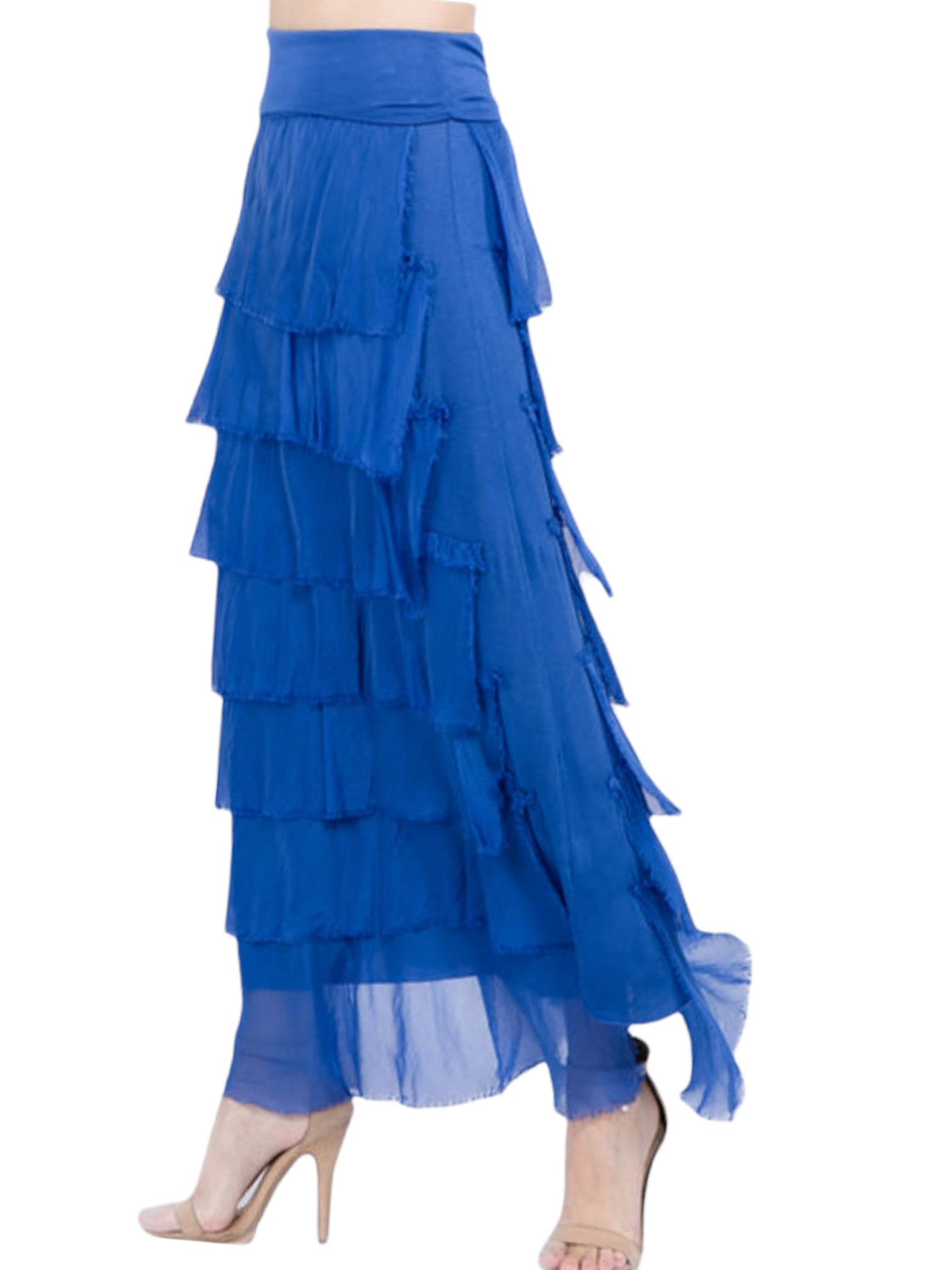 Alam Exclusive Women's Dress Lagenlook Silk Skirt Flap Over Italian Shredded Ladies Elegant Ruffle Frill Party Summer Layer Look Plain Pleated Layer Resort Wear (Royal Blue)