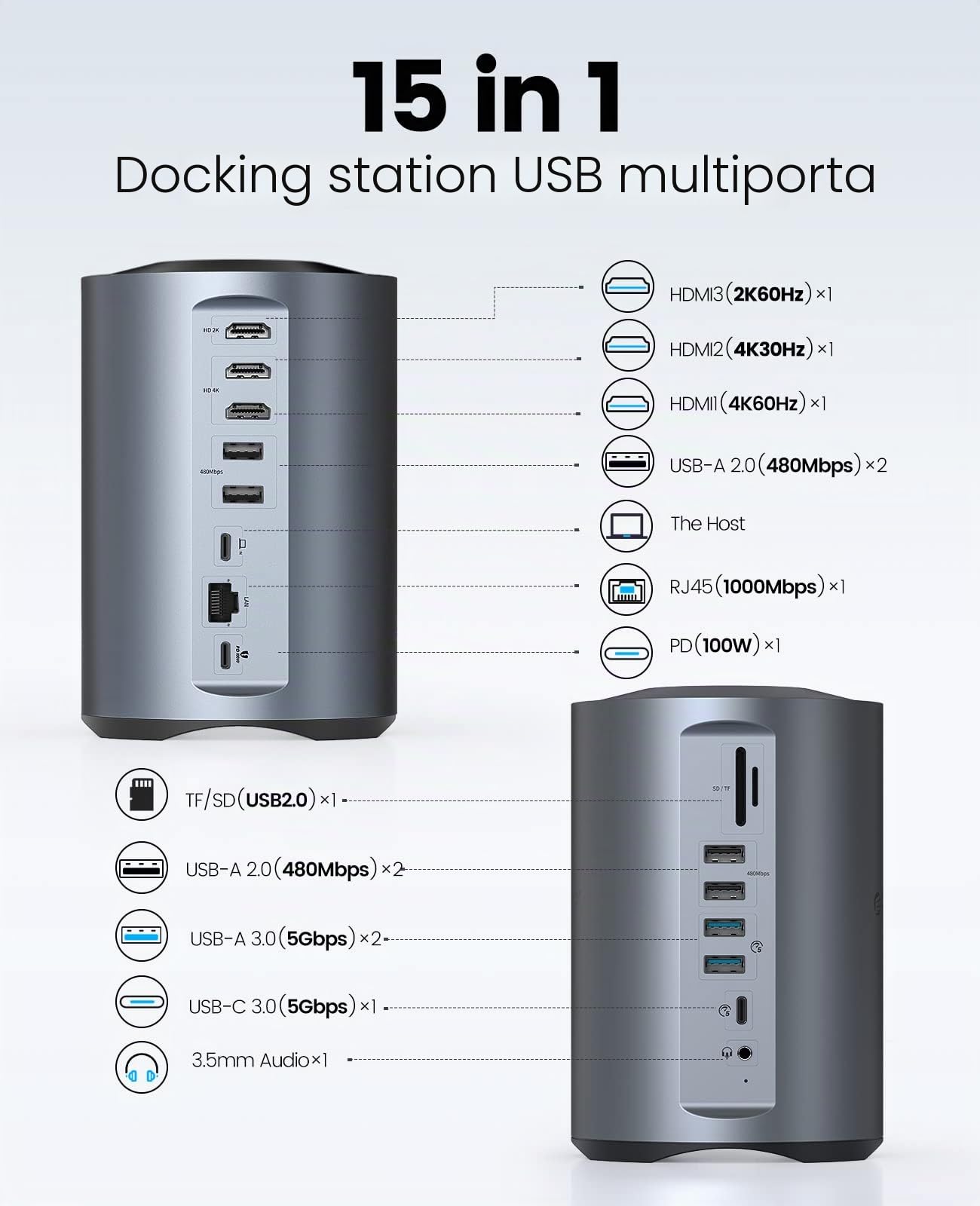 ORICO Docking Station USB C, 15 in 1 Hub Tre Monitor Con 100W PD, 2 USB-A 3.0+4 USB-A 2.0+1 USB-C 3.0, 3 HDMI 4K@60Hz, RJ45, 3.5mm, SD/TF per MacBook M1/Lenovo/Thinkpad/Dell/Hp