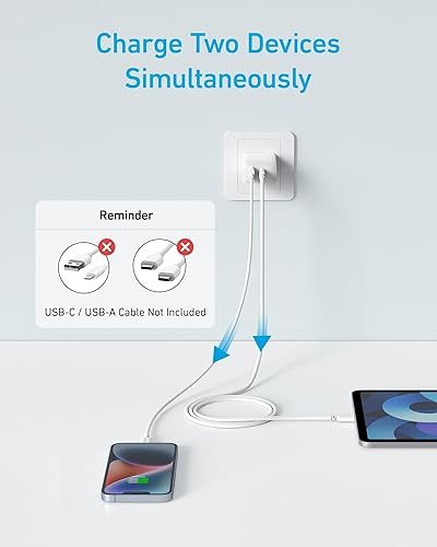 Miniatura 2 de Anker Cargador para iPhone 15, cargador Anker USB C, paquete de 2 cargadores de pared rápidos USB de doble puerto de 20 W, bloque de cargador USB C