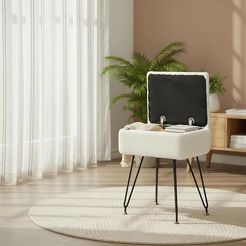 Miniatura 6 de Taburete de tocador, taburete otomano de piel sintética de peluche con patas de metal y pies negros ajustables, silla de maquillaje con Blanco,Negro