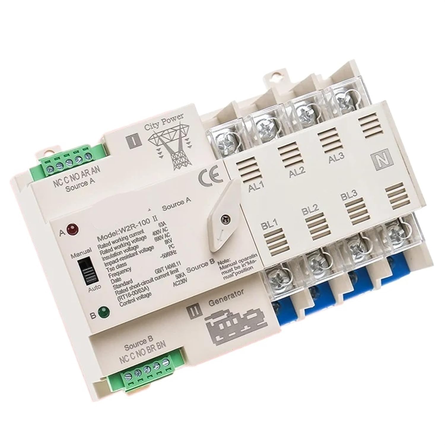 W2R ATS 4P Mini ATS Automatic Transfer Switch Uninterrupted Power Switch 63A 100A 110V 220V Wire Gift 1Pcs(4P 63A 220V)