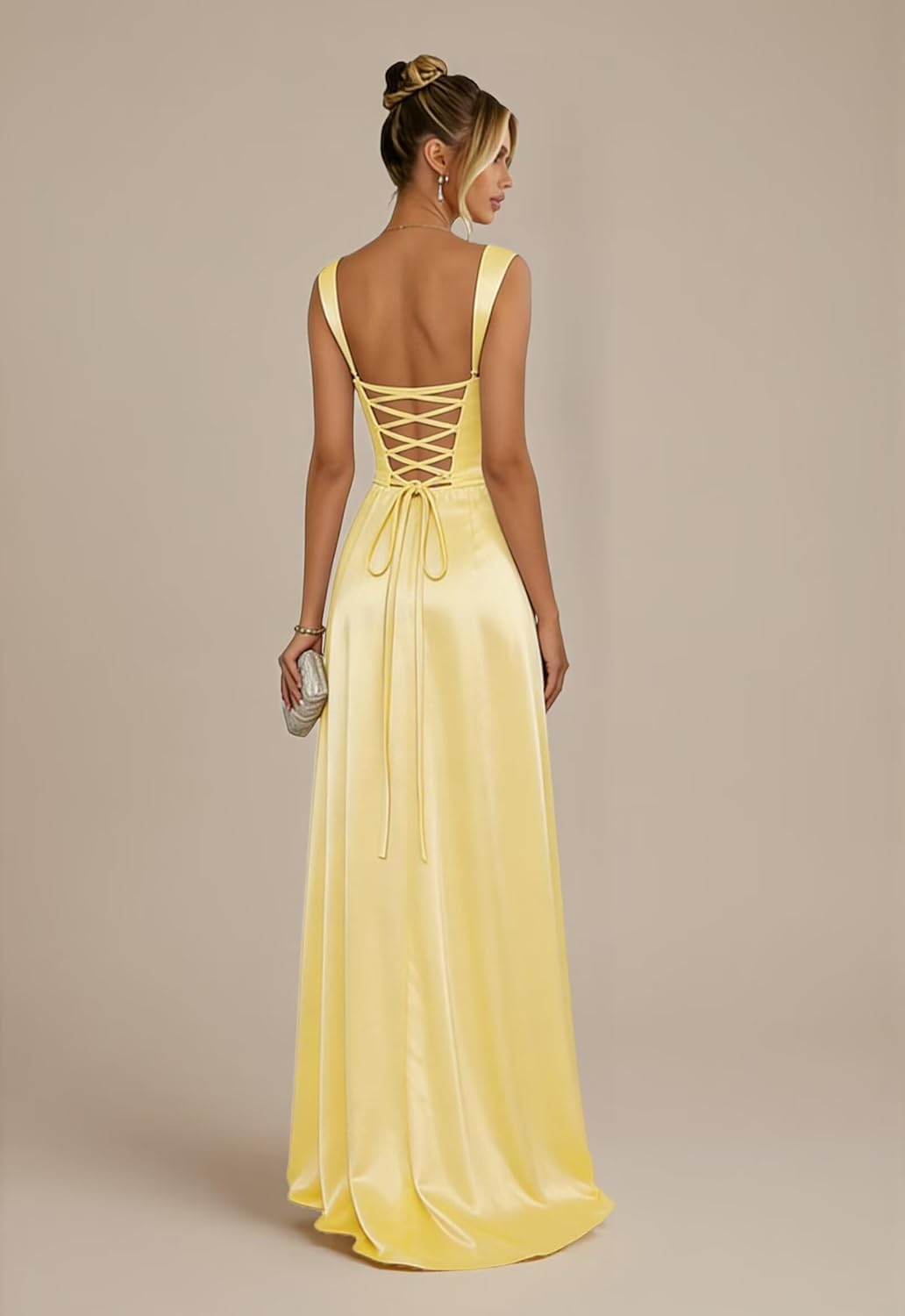 Spaghetti Straps Satin Bridesmaid Dresses for Women Square Neck Pleated Prom Dress with Slit Formal Gown