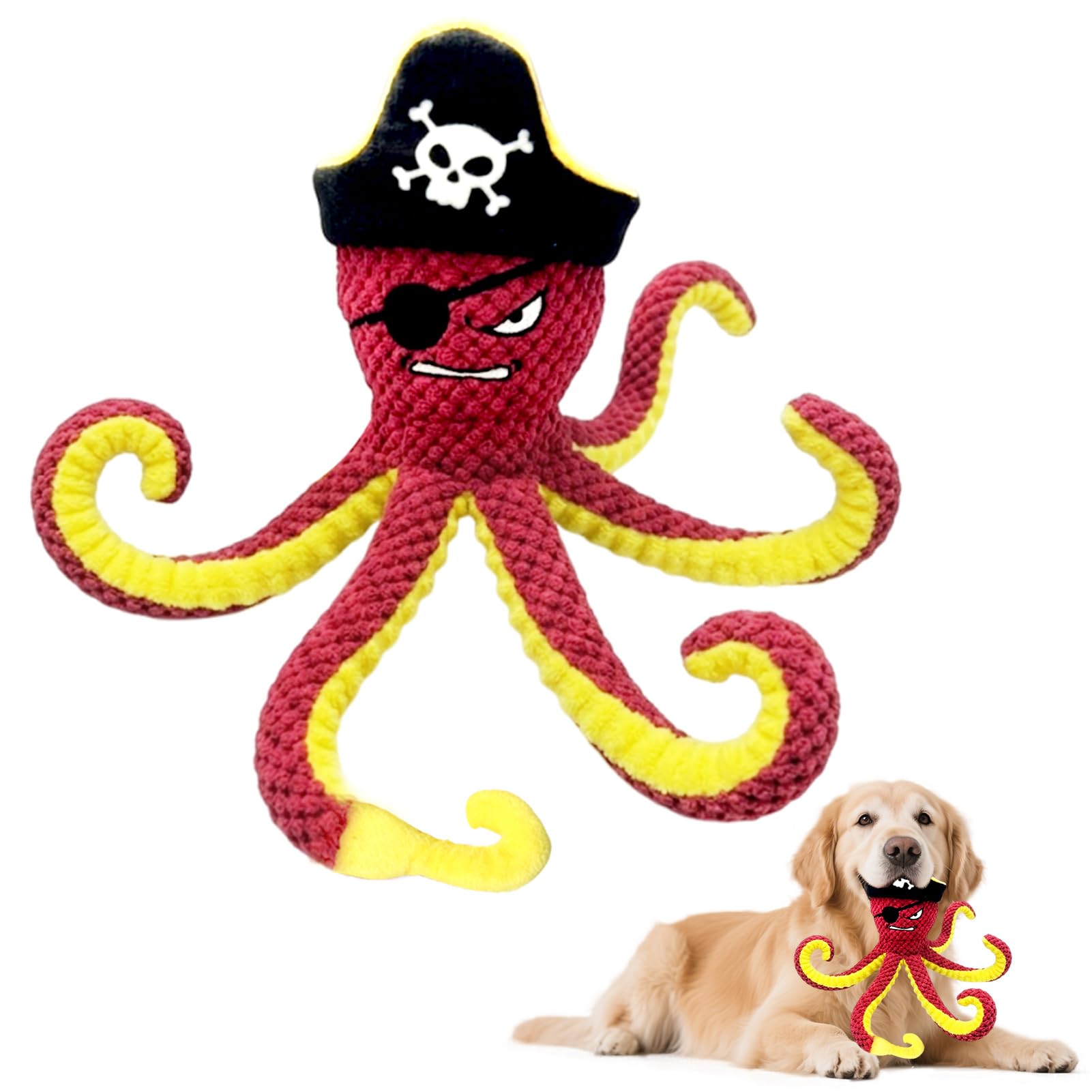 MAXBECK Interactive Octopus Dog Toy, Plush Dog Toy with Crinkle Paper &amp; Squeaker, Tug of War Dog Toy for Small Medium Large Dogs, Soft Dog Chew Toy for Indoor Play, Puppy Training (I-Octopus-Red)