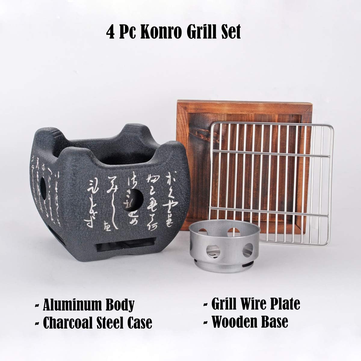Aluminum Japanese Tabletop Shichirin Konro Charcoal Grill With Wire Mesh Grill and Wooden Base Hibachi Style Yakiniku Grill (5.9 inch Square)