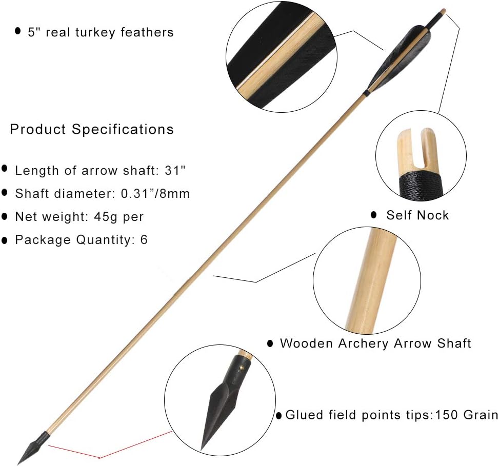 Huntingdoor Wooden Arrows 31inch Archery Shaft 5" Turkey Feathers Fletching with Arrowhead 150 Grain for Traditional Recurve Bow or Longbows (Black) : Sports & Outdoors