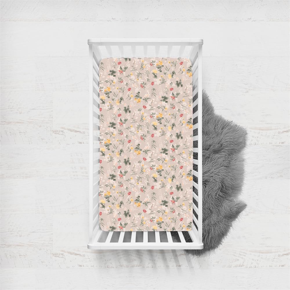 Odot Cot Bed Fitted Sheets, Toddler & Baby Bed Sheets, Elegant Floral Print Microfiber Mattress Protector, Cozy Lightweight Bedside Cribs Bassinet Sheets for Boy and Girl (Khaki,45x90cm)