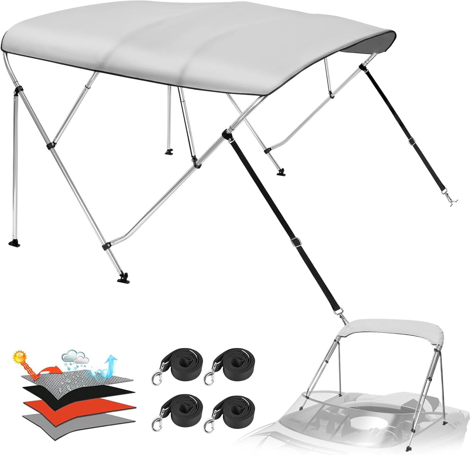 Solim 4 Bow Bimini Top Cover with 1" Aluminum Frame, 8'L x 54" H x 91"-96" W Waterproof 1200D Oxford Bimini Top, Sun Shade Boat Canvas with 2 Rear Support Poles, Storage Boot, 4 Straps, Gray