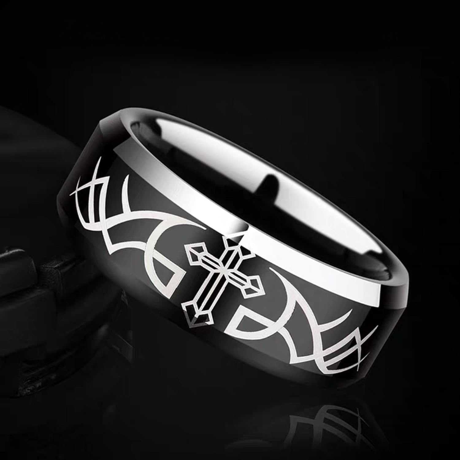 Punk Skull Rings Black Plated Couple Rings Cross Wings 1.5CT Heart Black CZ Wedding Ring Sets