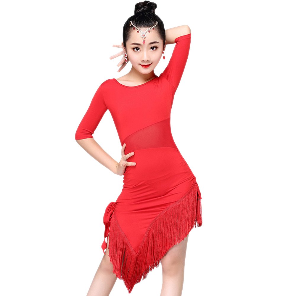Kindoyo Girls Red Dance Clothes Tassel Hem Latin Dance Dress Performances Competition Exercise Costume, /140