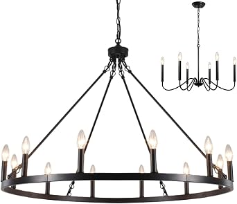 6 Lights Black Chandelier and 12 Lights 38inches Wagon Wheel Chandelier Farmhouse Light Fixture for Dining Room, Living Room, Entryway, Foyer