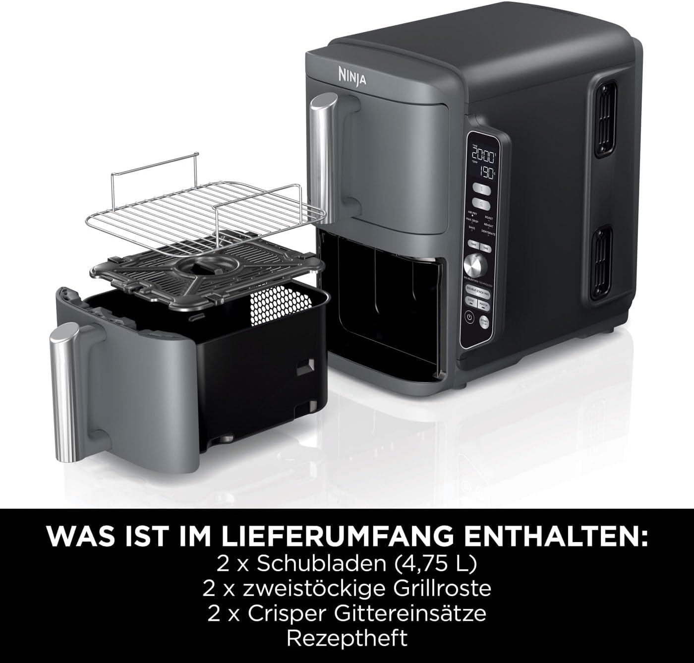 Ninja Double Stack XL Friggitrice ad Aria Verticale, Doppia Zona, 4 Livelli di Cottura e 2 Cassetti, Capienza 9.5L, 6 Funzioni, 8 Porzioni, Componenti Lavabili in Lavastoviglie, Grigio, SL400EU - Immagine 2